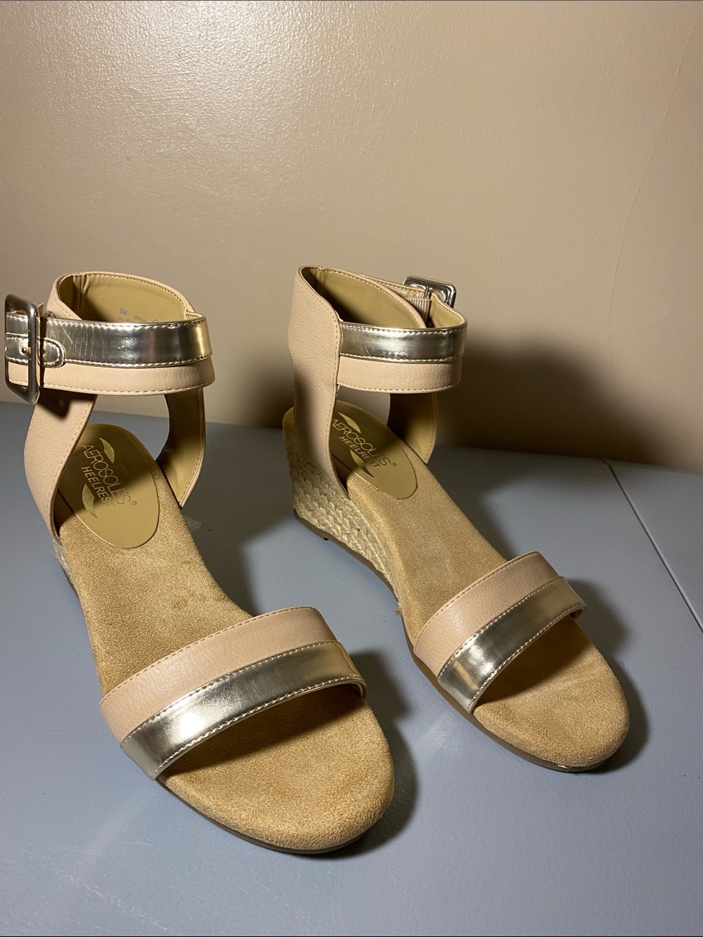 Aerosoles Heelrest Wedge Espadrille Sandals with Gold Accent - Women's Beige - Picture 2 of 7
